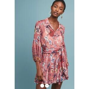 MISA Los Angeles Serina Floral Mini Dress Pink Boho Tie Waist Semi Sheer XS